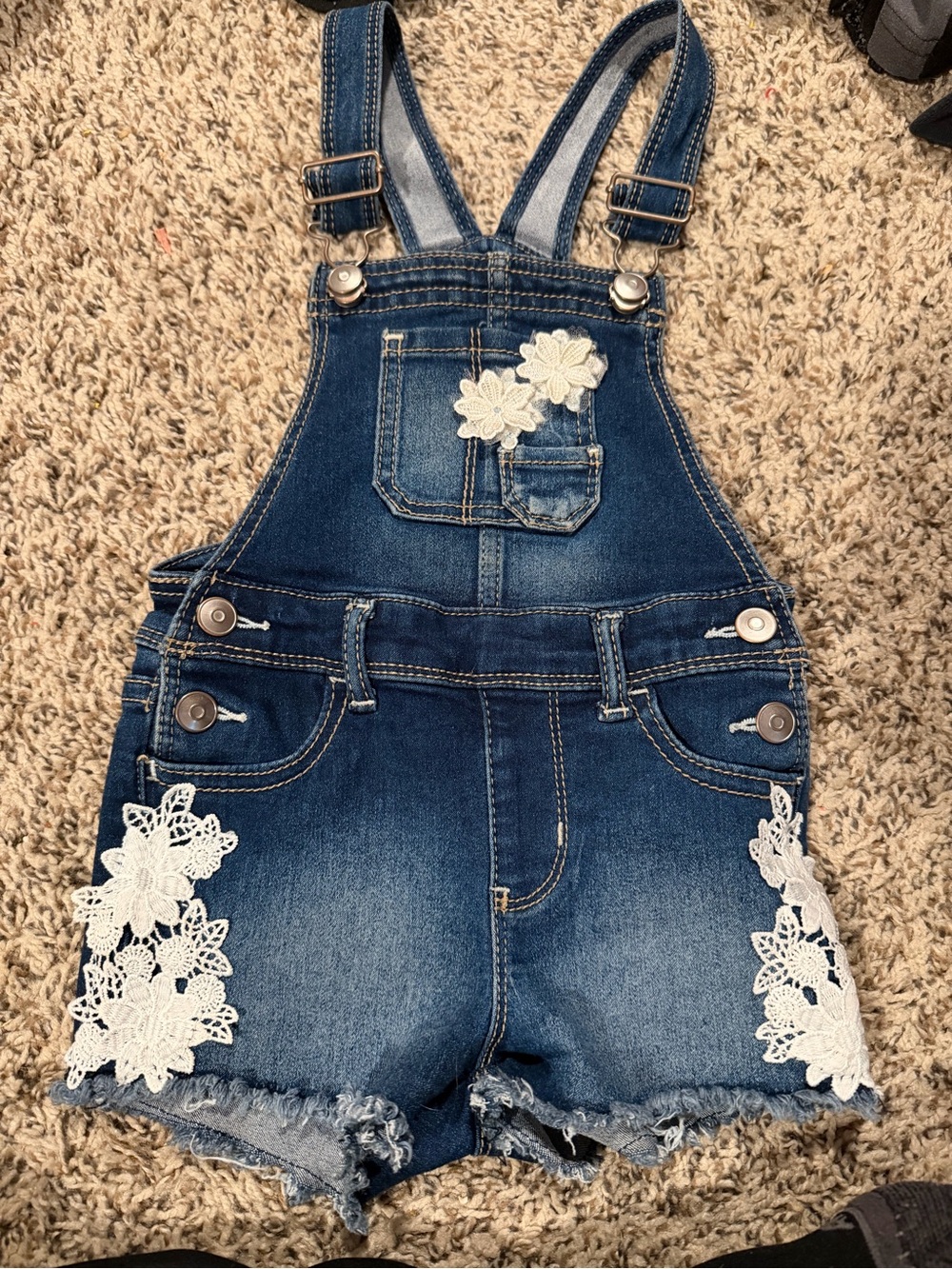 wonder nation Denim Short Overalls with White Lace Accents - Blue